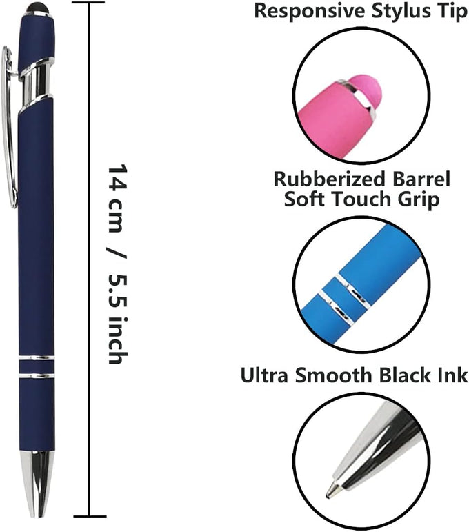 Oddmoal Ballpoint Pen with Stylus Tip, Soft Touch Click Metal Pen, 1.0mm Medium Point, Black Ink, 12 Count(Mixed Color)