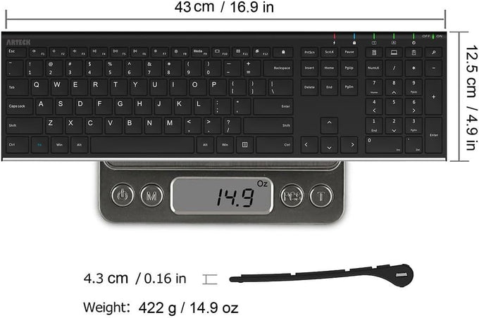 Arteck 2.4G USB Wireless Keyboard Full Size Keyboard for Computer/PC/Laptop