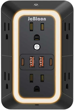 Wall Outlet Extender with Night Light, Power Plug Adapter 6 Outlet Extender with 4 USB Charging Ports（2 USB C）,1050J Power Strip Multi Plug Adapter Spaced for Home Office Travel-Black-ETL