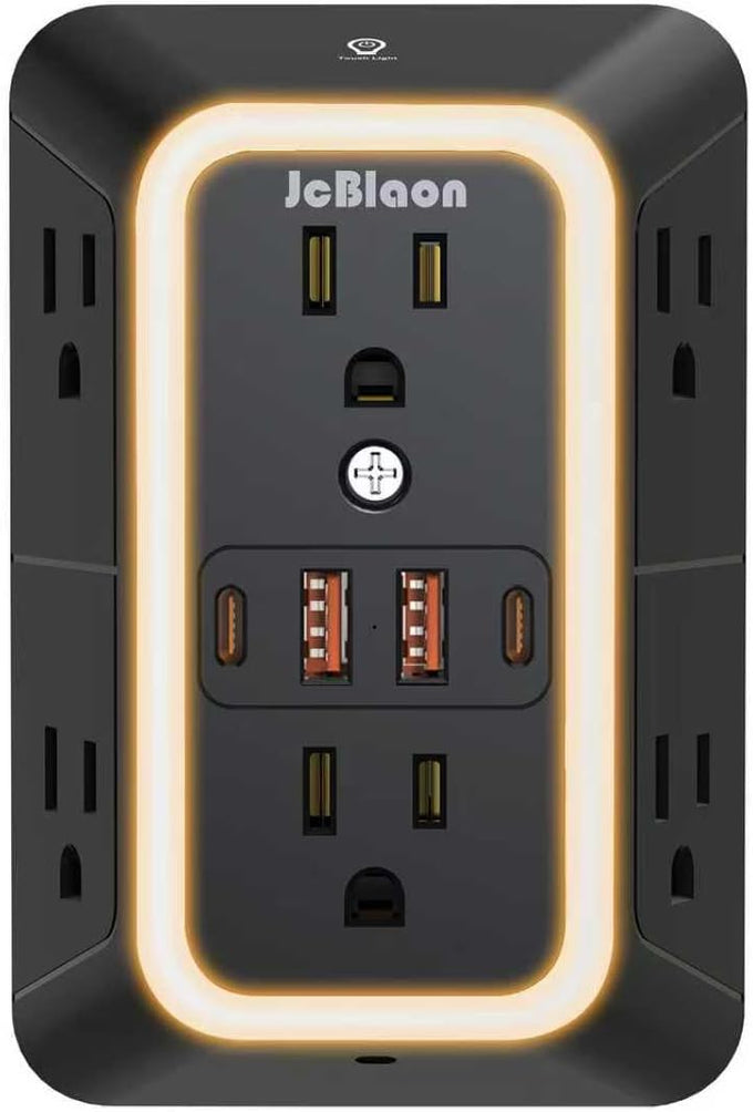 Wall Outlet Extender with Night Light, Power Plug Adapter 6 Outlet Extender with 4 USB Charging Ports（2 USB C）,1050J Power Strip Multi Plug Adapter Spaced for Home Office Travel-Black-ETL