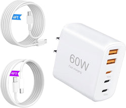 60W USB-C Fast Charging Kit (Includes Cables: 4ft + 6ft), 5-Port Wall Plug Power Adapter, Compatible with iPhone 17/16/15/Pro Max Series, iPad, Samsung S25/S24
