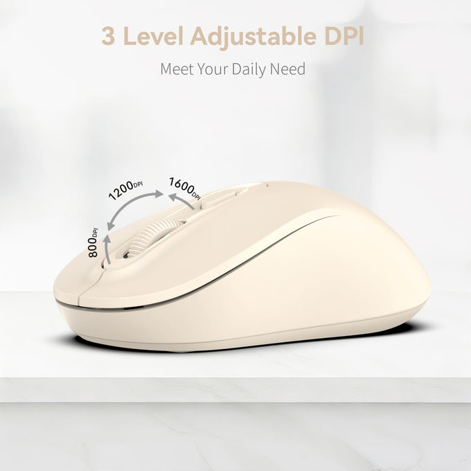 Wireless Mouse, 2026 New Model, Silent Click Ergonomic Design, Portable, 4 Buttons, Adjustable DPI (800/1200/1600), for Laptop/PC/Office (Beige)