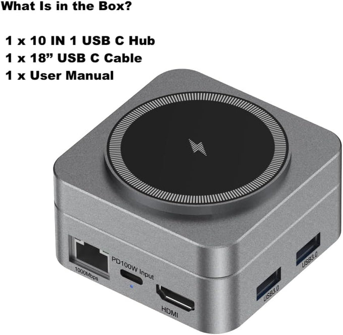 10-in-1 Portable USB-C Hub with Wireless Charger, 4K HDMI, Made with Aluminum Alloy Casing for Durability, Compatible with Mac, Windows, Compact and Lightweight USB C Docking Station for Travel