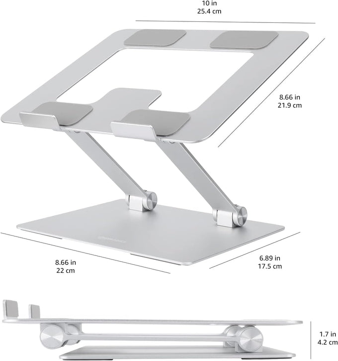 Amazon Basics Sturdy and Portable Ergonomic Laptop Stand for Desk, Height Adjustable Riser with Ventilated Cooling, Foldable, Fits all Laptops up to 15.6 Inch, Silver