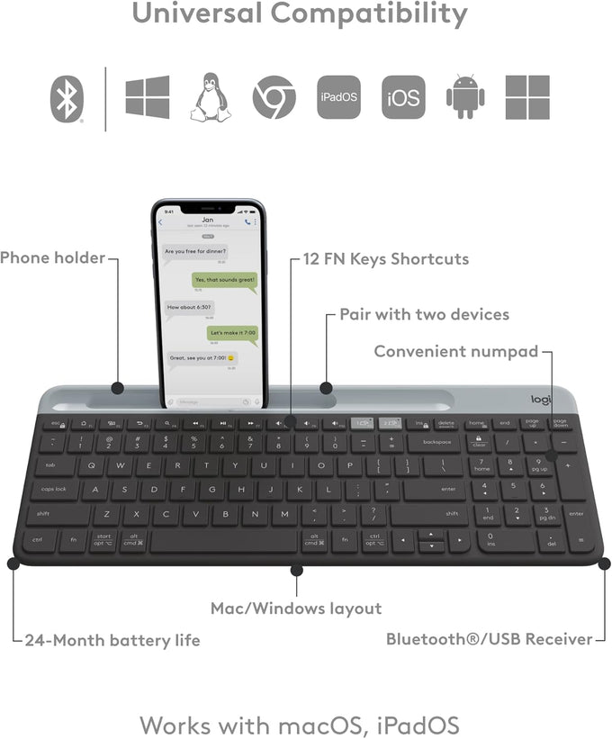 Logitech K585 Slim Wireless Keyboard with Built-in Phone Cradle - Graphite