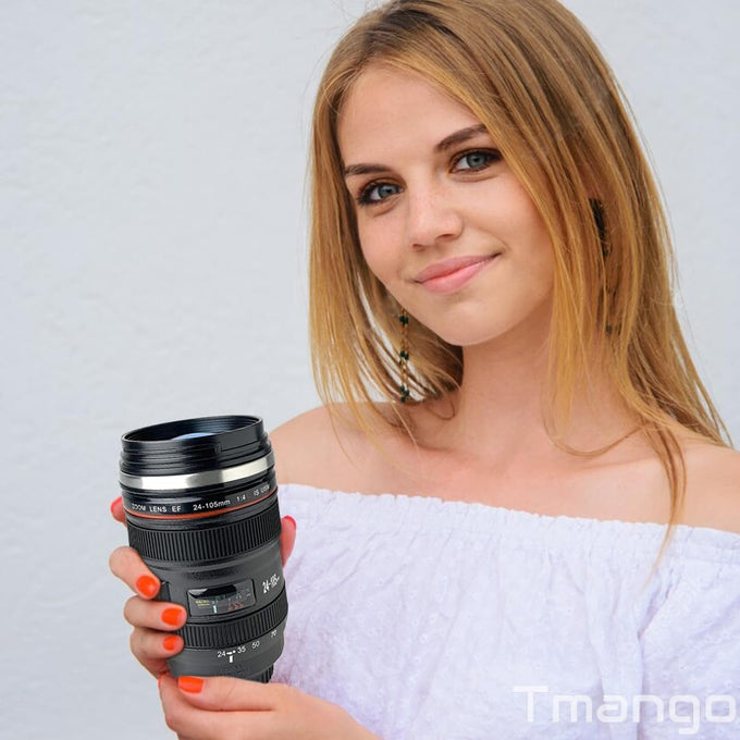 Camera Lens Coffee Mug with Clear Lid and Spoon – Lightweight Lens Cup Replica, Gift for Photographers