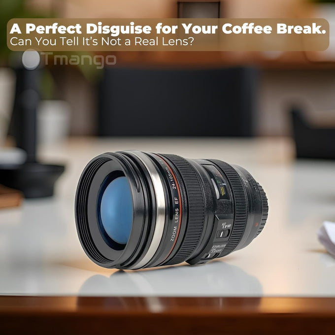 Camera Lens Coffee Mug with Clear Lid and Spoon – Lightweight Lens Cup Replica, Gift for Photographers