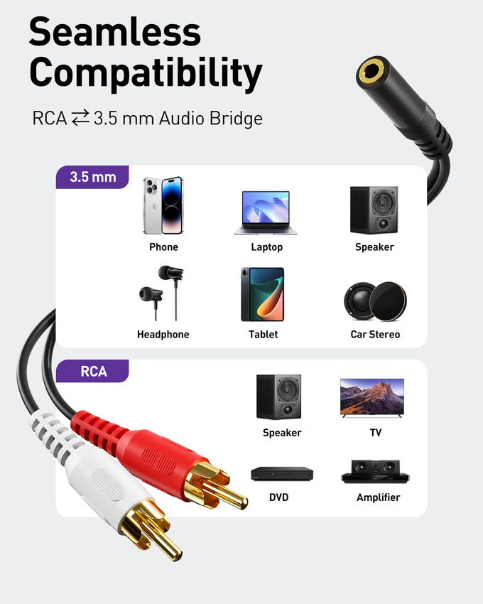 VCE 3.5mm to RCA Splitter, Gold Plated Male Stereo Audio Y Cable, 2-Pack