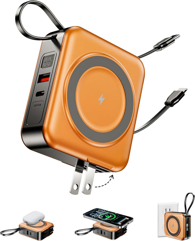 10000mAh for Magsafe Portable Charger Built-in Cables & AC Wall Plug,Orange