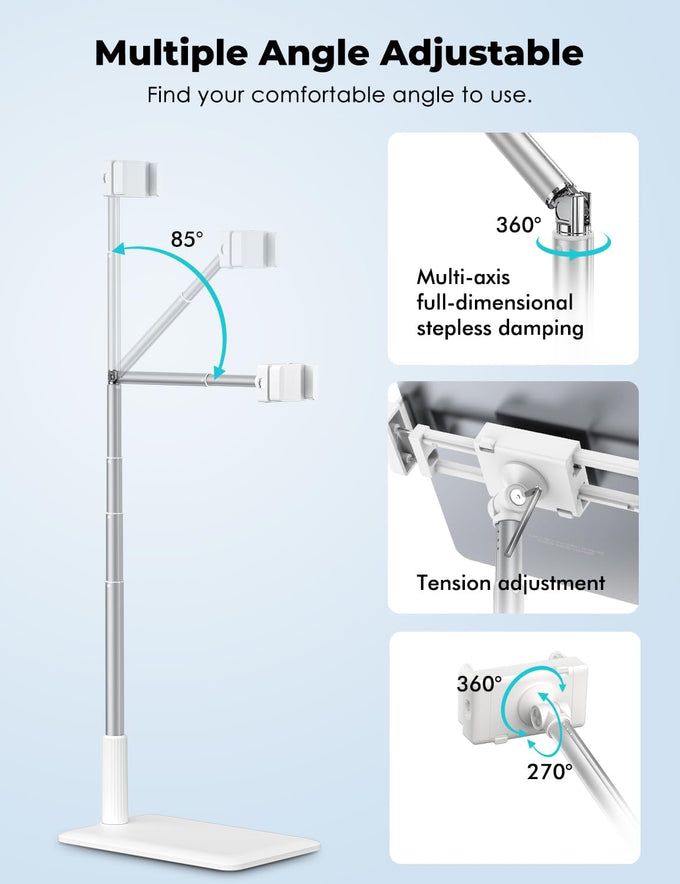 Viozon Tablet Floor Stand-Flexible Long Arm Tablet&Phone Holder,360° Angle Adjustable,Aluminum Alloy,Bedside,Sofaside,Desk,Compatible with 3.5-11 inches iPad,Kindle, iPhone 16 15 Plus/Pro Max -White