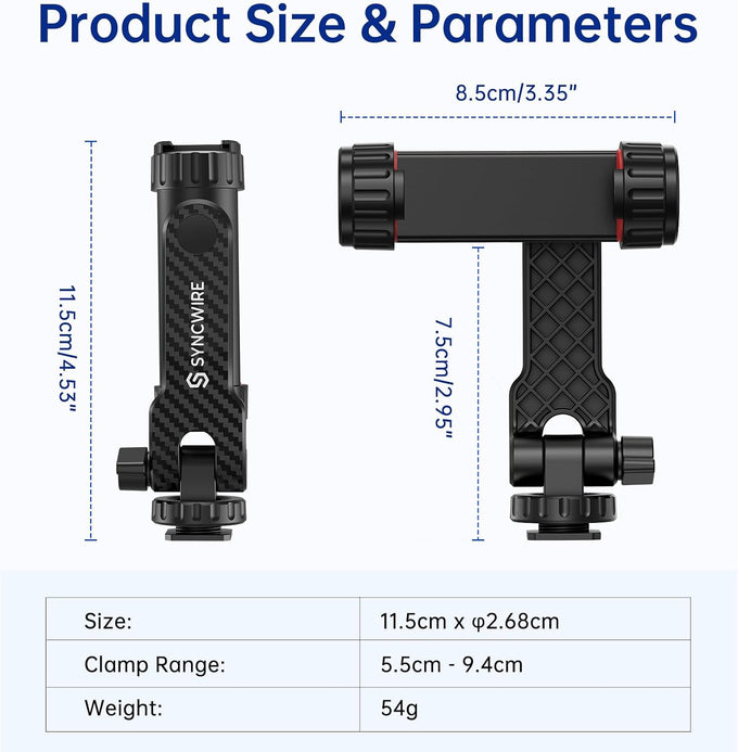 SYNCWIRE Tripod Phone Mount, Universal Smartphone Mount Adapter with 2 Cold Shoe and 1/4" Screw, 360° Rotates and 180° Tilts Adjustable Cell Phone Clamp Holder for Enhancing Mobile Photography Setup