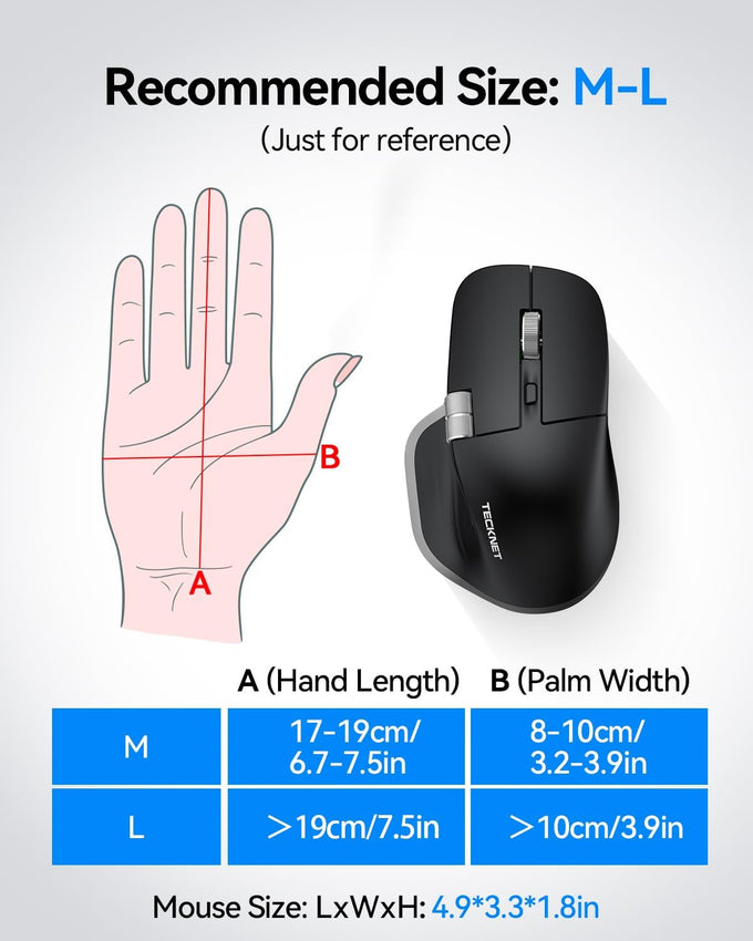 TECKNET Wireless Mouse, Side Scroll Bluetooth Rechargeable, 3-Device