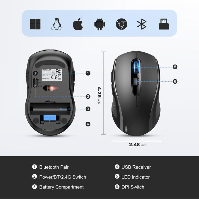 TECKNET Bluetooth Mouse, 4000DPI Wireless Mouse Bluetooth for Laptop 2-in-1(BT 5.0/3.0+2.4Ghz) Computer Mouse, Portable PC Mouse Wireless with USB Receiver for Mac, Compatible with MacBook Chromebook