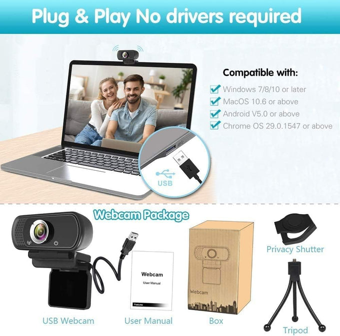ZIQIAN 1080P Webcam with Microphone, USB Web HD Camera for PC, Laptop&Mac