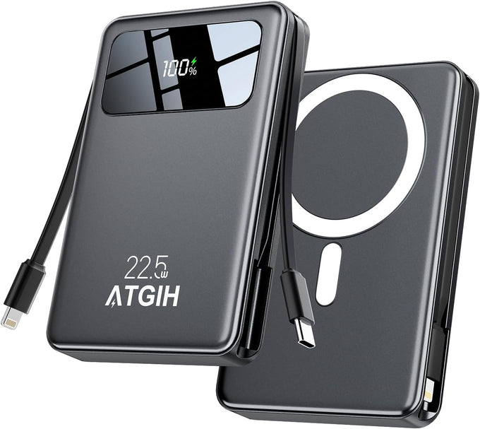 10000mAh Magnetic Wireless Power Bank, 5-in-1 Portable Charger with 2 Built-in Cables, 22.5W PD Fast Charging Magnetic Battery Pack for iPhone 17/16/15/14/13/12 and All Series，Black