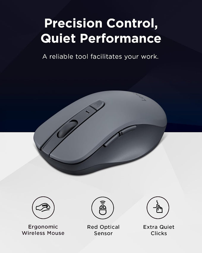 Lenovo WL310 Bluetooth Silent Mouse, Ergonomic, Adjustable DPI, Silent Clicks, Bluetooth 5.0, Portable for Windows, Mac, and Chromebook, Grey