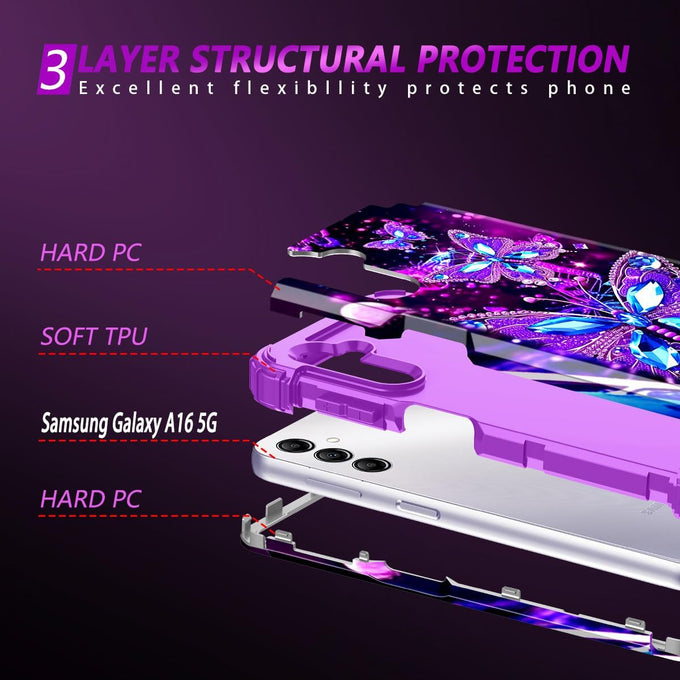 Miqala for Galaxy A16 5G Case,Glow in The Dark Three Layer Heavy Duty Shockproof Full Protection Hard Plastic Bumper+Soft Silicone Protective Case for Samsung Galaxy A16 5G 6.7 inch,Purple