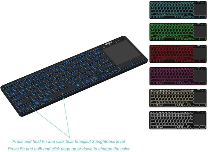 Arteck Universal Backlit 7-Colors Bluetooth Touch TV Keyboard with Easy Media Control and Build-in Touchpad for TV-Connected Computer, Smart TV, Desktop, Laptop, iPad, Surface, Tablet, HTPC