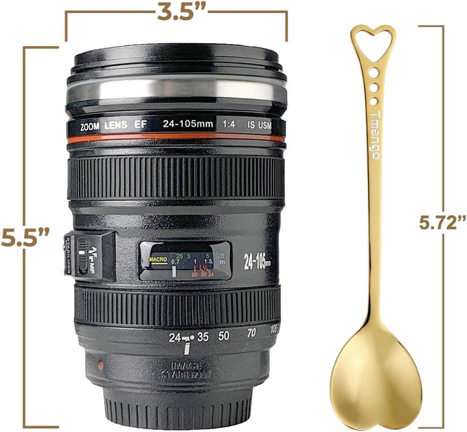 Camera Lens Coffee Mug with Clear Lid and Spoon – Lightweight Lens Cup Replica, Gift for Photographers