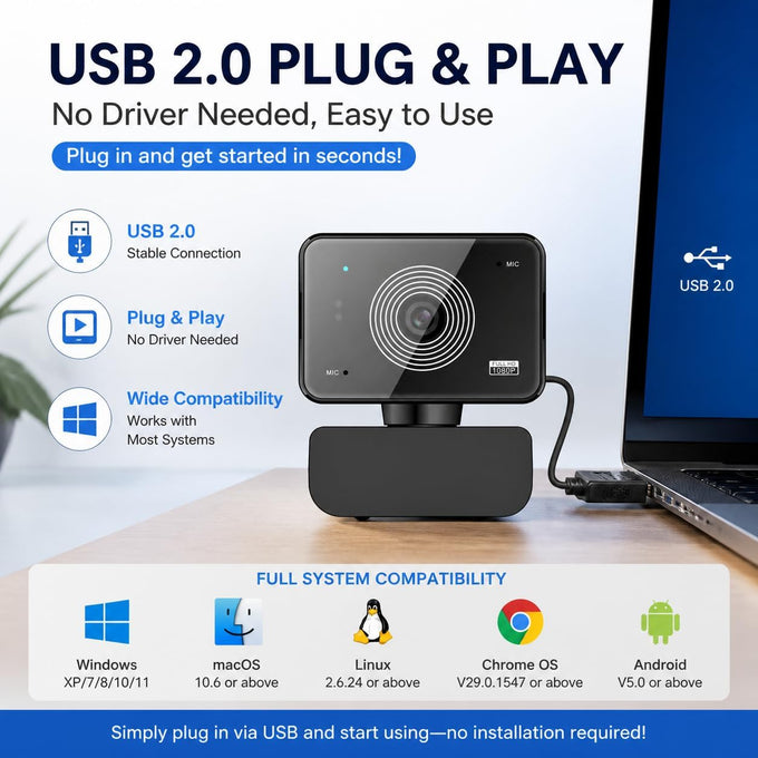 1080P HD USB Webcam Built-in Mic Auto Light Adjustment PC Camera for Video Conference Streaming Zoom Teams Switch 2