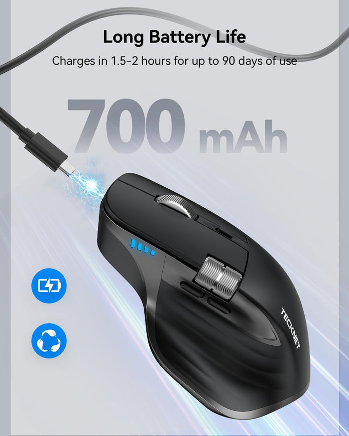 TECKNET Wireless Mouse, Side Scroll Bluetooth Rechargeable, 3-Device