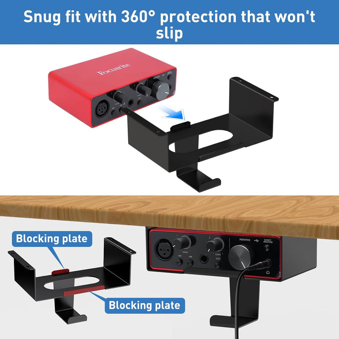Under Desk Mount for Focusrite Scarlett Solo 3rd Gen/Solo 4th Gen with Headphone Hanger Stand,Under Desk Metal Shelf Organizer for Audio Interfaces and Studio Gear (Black Holder Only)