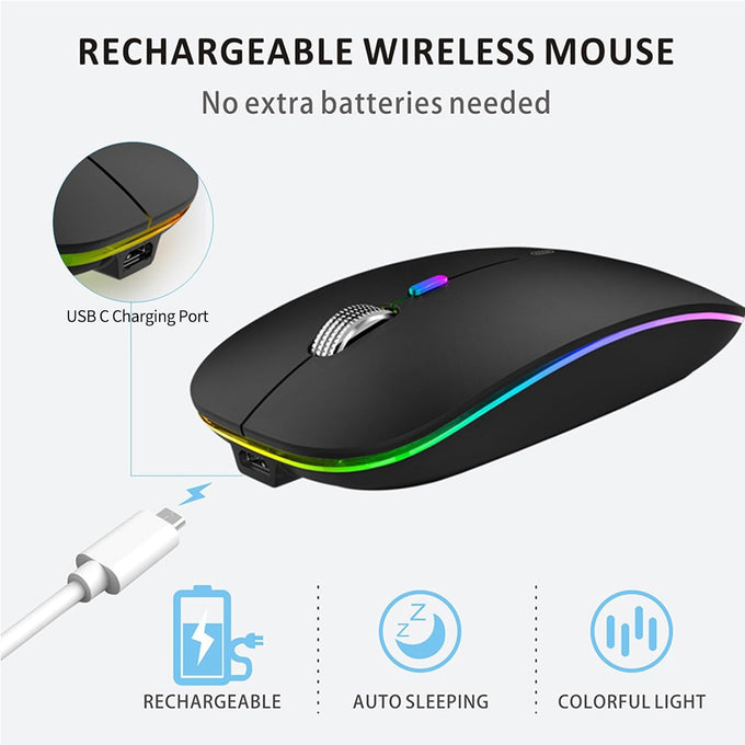 Uiosmuph LED Wireless Mouse, G12 Slim Rechargeable Silent Mouse Matte Black