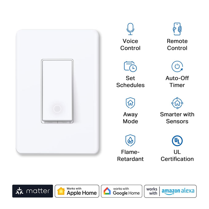 TP-Link Tapo Matter Smart Light Switch: Voice Control w/Siri, Alexa & Google Home | UL Certified | Timer & Schedule | Easy Guided Install | Neutral Wire Required | Single Pole | Tapo S505(2-Pack)