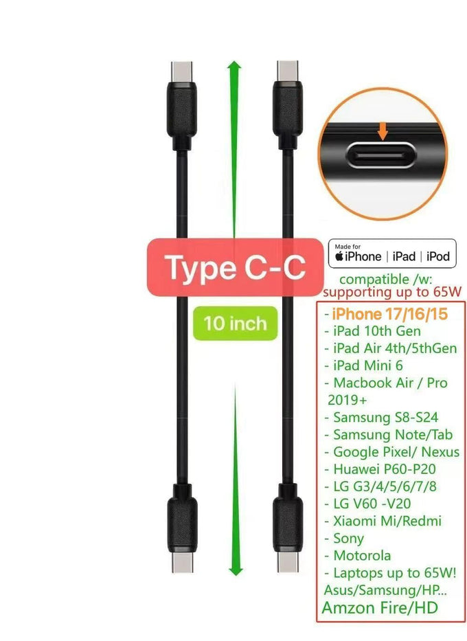 10-Pack Multi Short USB Cables & TypeC-C Cables for Charging Stations Compatible/w iPhone17,16,15, iPhone14-5/ iPads/iPad mini/iPad Pros/Samsung Moblies & Tablets/Pixel & Nexus/HTC/Sony(Black)