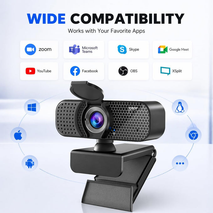 C26 1080P Webcam with Microphone USB Computer Camera USB-A-USB-C Adapter