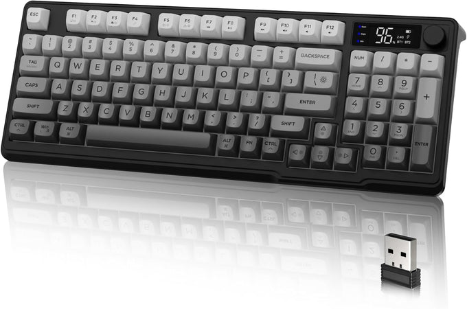 LexonElec M96 Wireless Keyboard, Low Profile Quiet Typing Membrane Gaming Keyboard with Smart Display & Knob, RGB Backlit, USB C Rechargeable, 94 Keys PBT Keycap for Windows PC,Mac,Linux-Moonlit Night