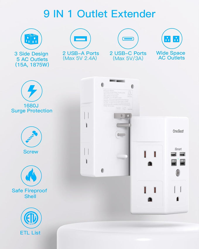 One Beat Surge Protector Wall Outlet Extender,3-Sided Outlet Splitter 1680J