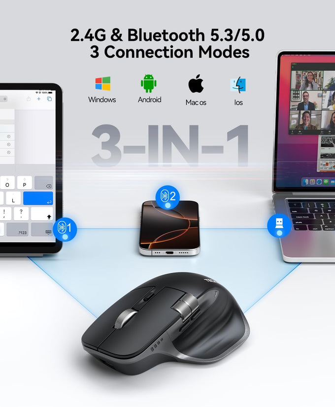 TECKNET Wireless Mouse, Side Scroll Bluetooth Rechargeable, 3-Device