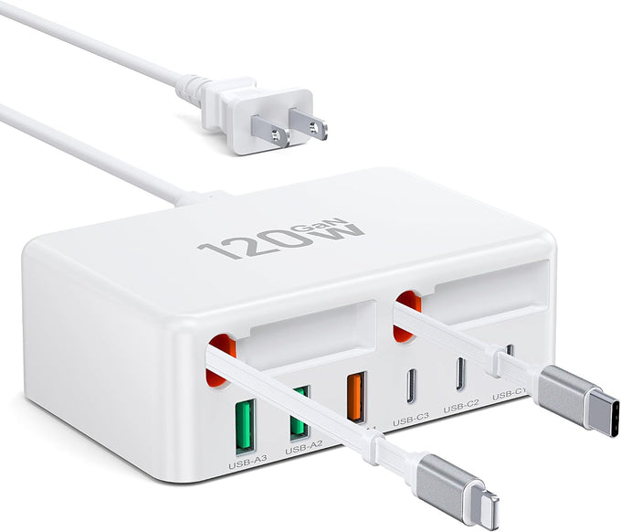 2026 Latest USB C Charger Block, 8 in 1 GaN Retractable Charger Station Hub with Lightening & Type C Cable, 120W Travel Essential Multi USB C Power Strip Plug for iPhone 17 16 15 Pro Max iPad Galaxy