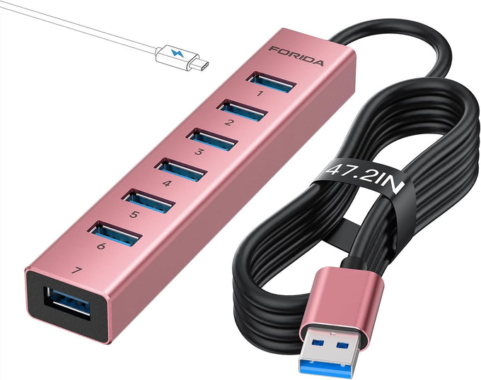 FORIDA Aluminum 8-Port USB Hub Long Cable USB Splitter with 7 USB 3.0 Ports