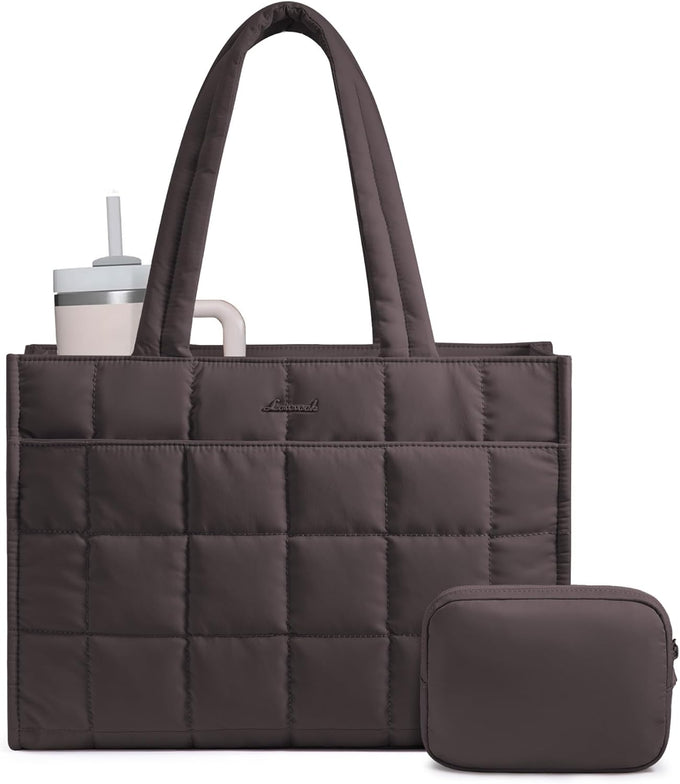 LOVEVOOK Tote Bag for Women, Puffer Work Handbag 15.6 Inch Laptop Purse for Nurse Teacher, Large Quilted Travel Tote Shoulder Bag with Zipper for College Office Clinical Gym, Black