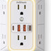 Wall Outlet Extender with Night Light, Power Plug Adapter 6 Outlet Extender with 4 USB Charging Ports（2 USB C）,1050J Power Strip Multi Plug Adapter Spaced for Home Office Travel-Black-ETL