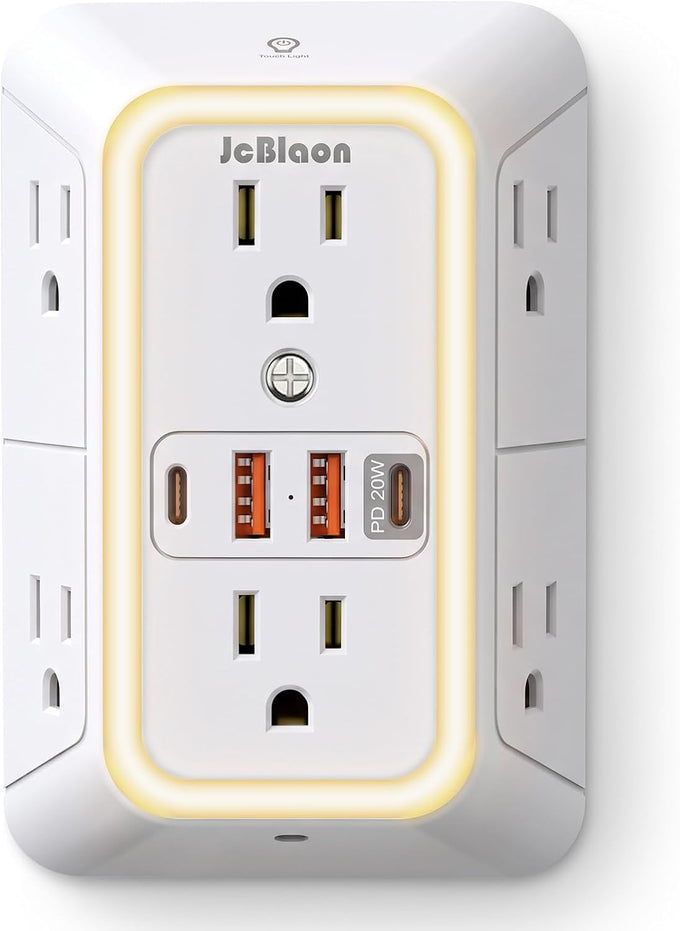 Wall Outlet Extender with Night Light, Power Plug Adapter 6 Outlet Extender with 4 USB Charging Ports（2 USB C）,1050J Power Strip Multi Plug Adapter Spaced for Home Office Travel-Black-ETL