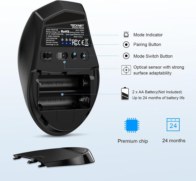 TECKNET Bluetooth Mouse, 3200 DPI Computer Mouse, 2-Year Battery Wireless Mouse 6 Adjustable DPI, 6 Buttons Compatible with Laptop/Windows/Computer
