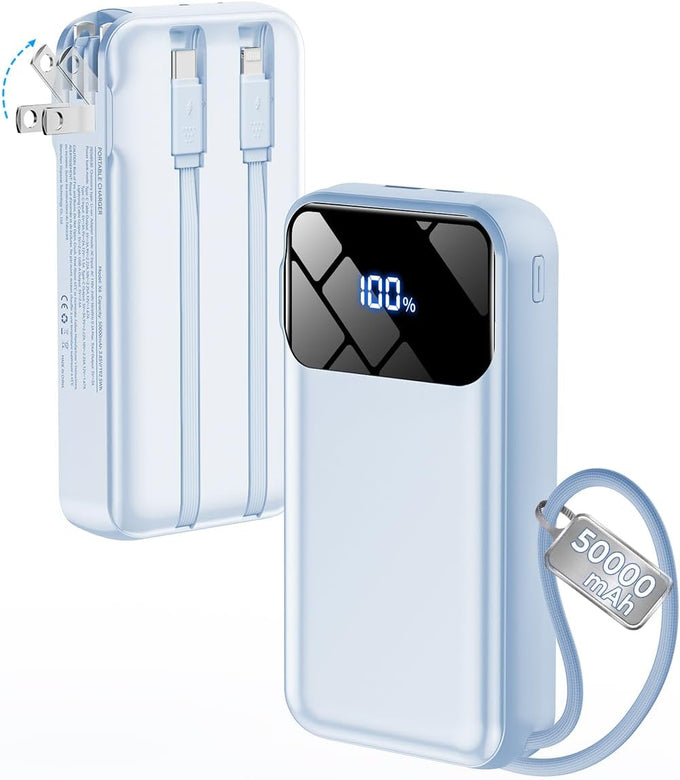 Portable Charger 50000mAh, Power Bank with Built-in Cables & Wall Plug