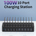 100W Charging Station for Multiple Devices, 10-Port USB Fast Charger, Black