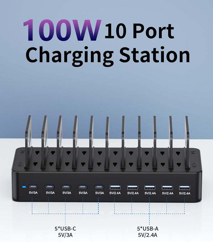 100W Charging Station for Multiple Devices, 10-Port USB Fast Charger, Black