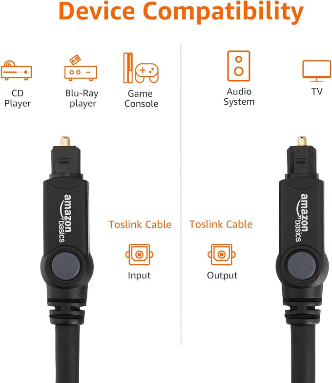 Amazon Basics Toslink Digital Optical Audio Fiber Optic Cable, Multi-Channel, for Sound Bar, Audio System, Home Theatre, Game Console, Blu-Ray Player, Gold-Plated Connectors, 6 Foot, Black