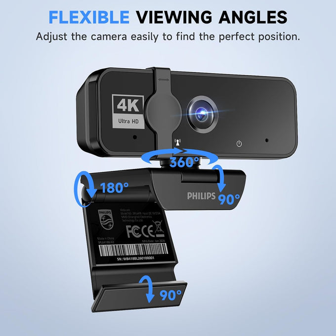 PHILIPS 4K Webcam for PC with Microphone, Computer Camera for Meetings