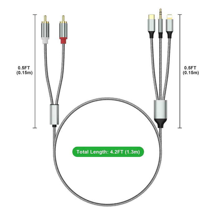 3 in 1 Lightning USB C 3.5mm to 2 RCA Audio Cable for Car Amplifier