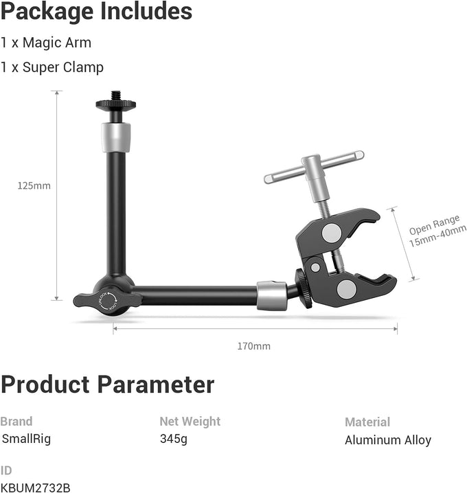 SMALLRIG 9.8 Inches Magic Arm Clamp Kit with 1/4" and 3/8" Threaded Holes