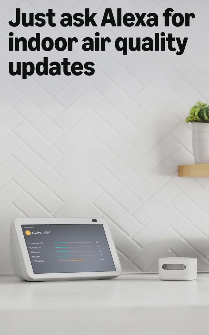 Amazon Smart Air Quality Monitor, Detects temperature, humidity, carbon monoxide, PM2.5 and VOCs, Get notifications when air quality drops, Works with Alexa