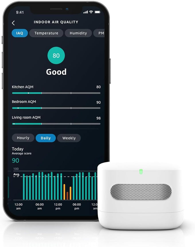 Amazon Smart Air Quality Monitor, Detects temperature, humidity, carbon monoxide, PM2.5 and VOCs, Get notifications when air quality drops, Works with Alexa