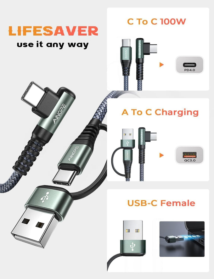 AINOPE 10 FT USB C Cable Fast Charging, 240W USB-C Charge Cable with Adapter, Fast Charger USB C Cable Supports 100W, Right Angle USB C Fit MacBook Pro/Air, iPad Pro/Air, iPhone 17/16/15, 10FT Grey