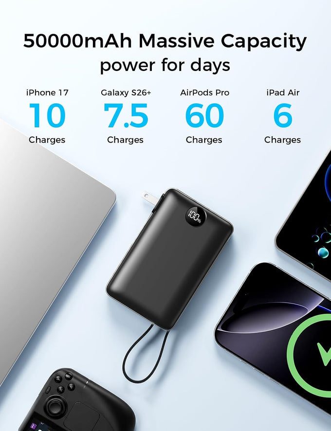 Portable Charger Power Bank 50000mAh Massive Capacity with Wall Plug Black